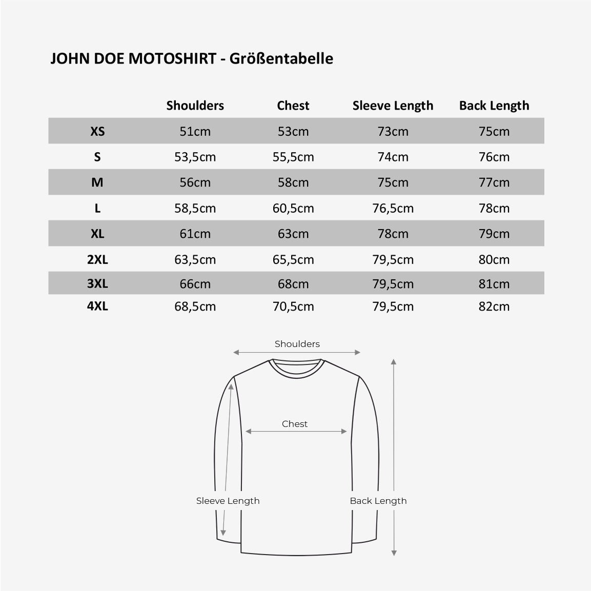Größentabelle John Doe Motoshirt.