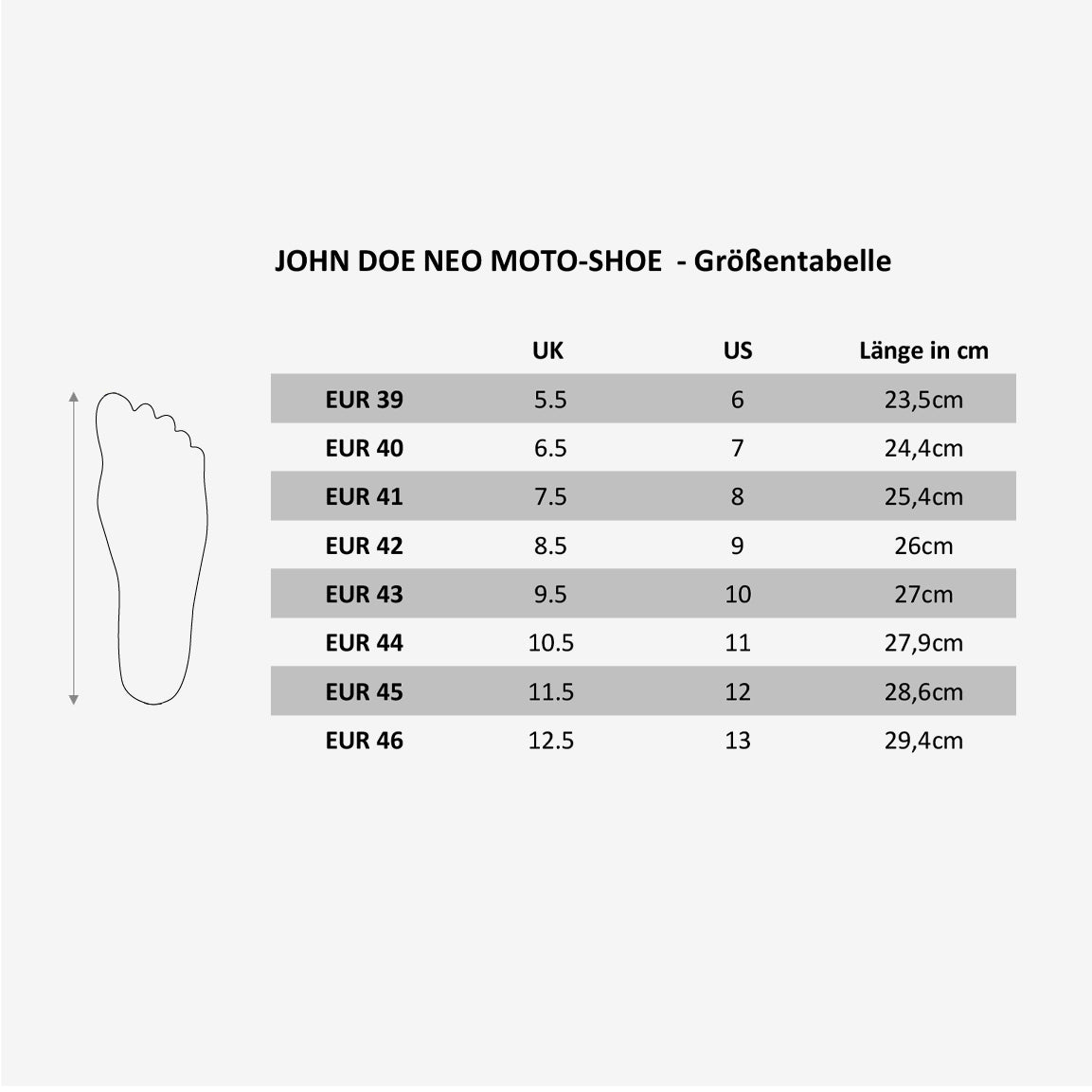 Größentabelle John Doe Neo Motorrad-Sneaker.