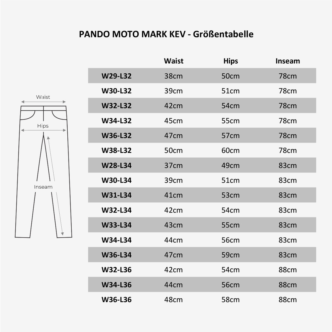 Größentabelle Pando Moto Mark Kev 02 Motorrad-Jeans - olive.