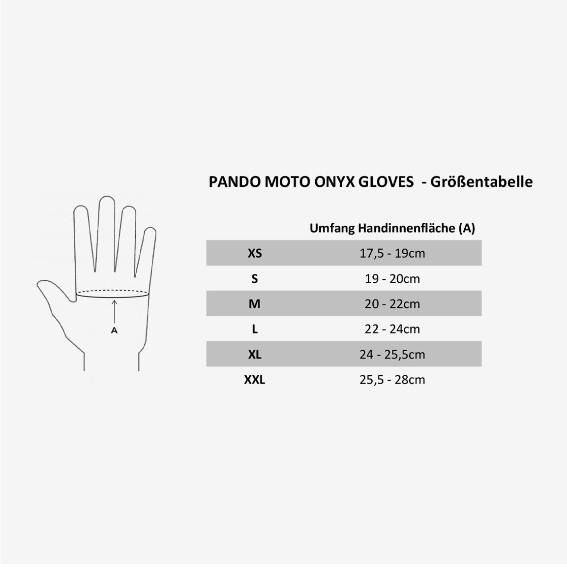 Größentabelle Pando Moto Onyx Motorrad-Handschuhe.