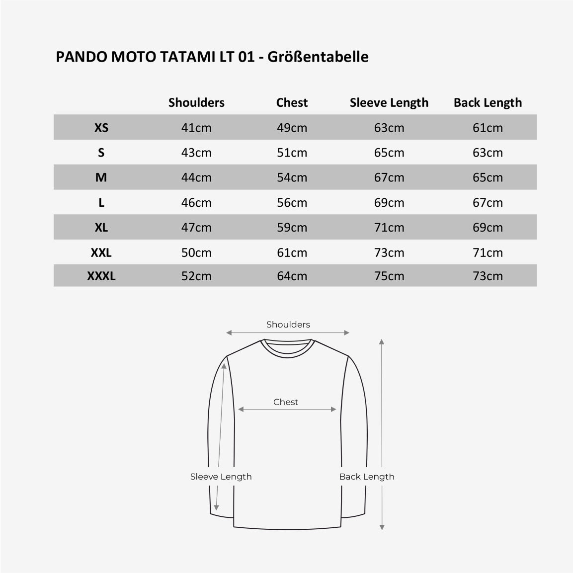 Größentabelle Pando Moto Tatami LT 01 Leder-Motorradjacke.