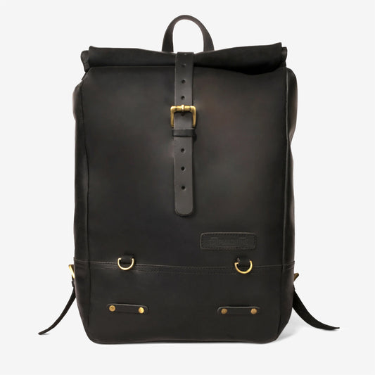 Trip Machine Backpack Pannier Classic - black. Klassische Motorrad-Gepäcktasche aus schwarzem Leder im Retro-/Vintage-Stil, mit 15 Liter Volumen perfekt für einen Mehr-Tages Ausflug. Einfaches Montagesystem an nahezu jedem Motorrad möglich.