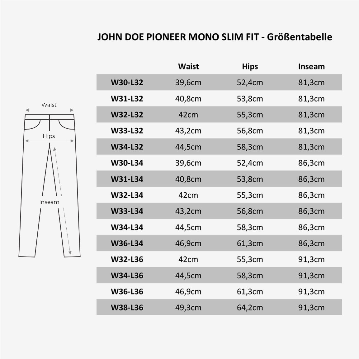 Größentabelle John Doe Pioneer Mono Slim Fit Motorrad-Jeans.