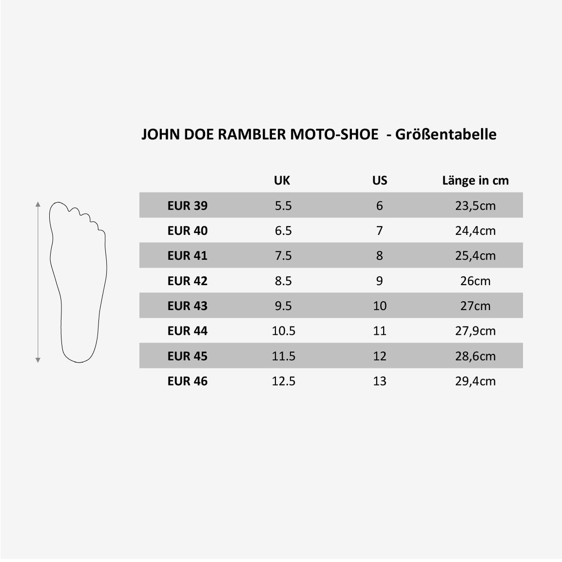 Gößentabelle John Doe Rambler Leder-Motorradstiefel.