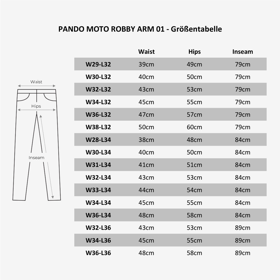 Größentabelle Pando Moto Robby Arm 01 Motorrad-Jeans - black-washed. 